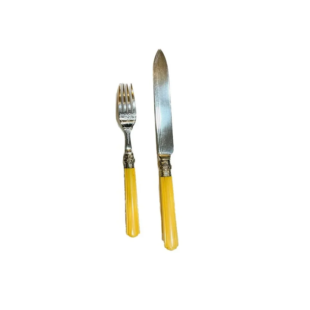 Antique silver plated fish and nickel silver knife and fork faux bone handles